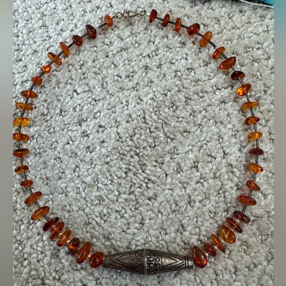 Vintage Baltic Amber Barrel Bead Southwestern Necklace - Picture 2 of 16
